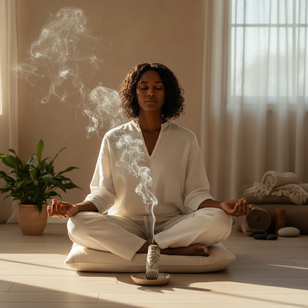 Black woman meditating with burning sage