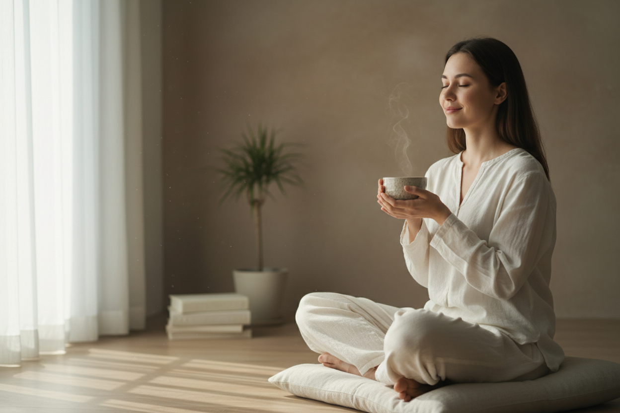 Person drinking tea in wellness setting
